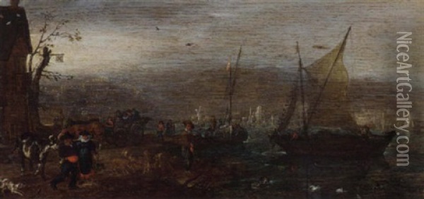 A River Landscape With Shipping With Figures On A Shore Near An Inn Oil Painting - Pieter Adriaens van de Venne