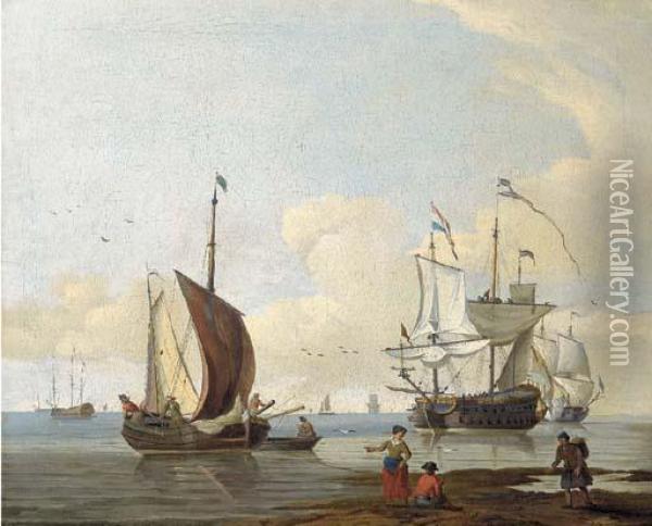 Dutch Men'o-war And Other Shipping In Calm Seas, Figures On A Beach In The Foreground Oil Painting - Abraham Storck