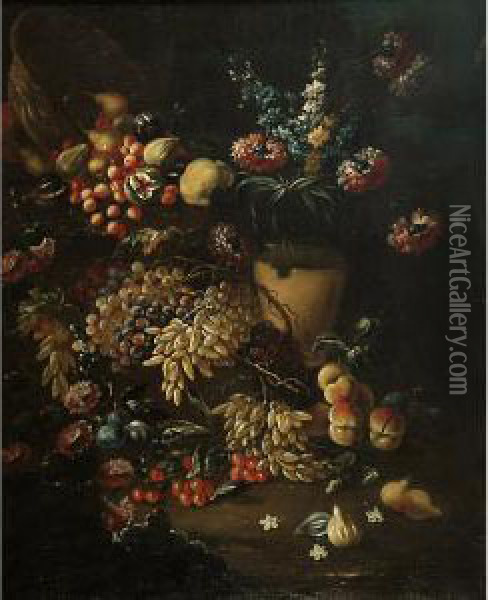 Grande Natura Morta Con Fiori E Frutta Oil Painting - Michelangelo Cerqouzzi