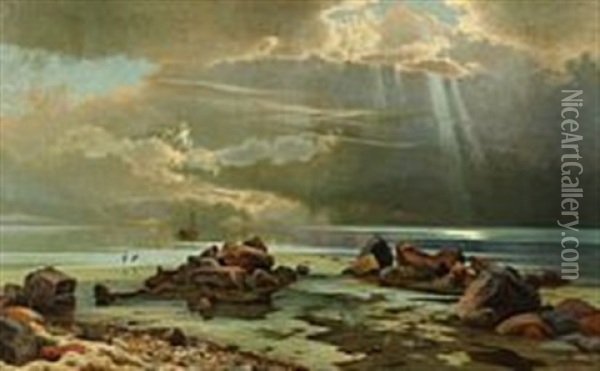 Coastal Scape With Large Stone And Birds On The Beach Oil Painting - Carl Milton Jensen