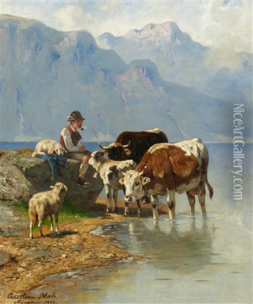 Hutebub Mit Kuhen Und Schafen Am Bergsee Oil Painting - Christian Friedrich Mali