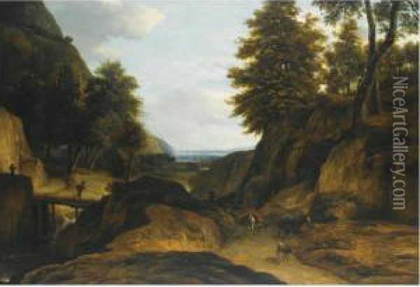 A Wooded Mountain Landscape With
 A Herdsman And His Cattle, A Traveler Crossing A Bridge Over A Stream Oil Painting - Roelandt Roghman