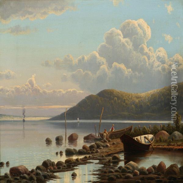Coastal Scene With Fishermen On The Shore Oil Painting - Gustav Holmboe