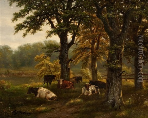 Sonnenbeschienene Waldlichtung Mit Ruhenden Kuhen Oil Painting - Albertus Gerardus Bilders