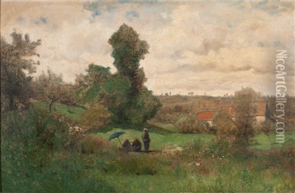 Sommerlandschaft Mit Bauernhausern Und Spaziergangerinnen Oil Painting - Gustave Eugene Castan