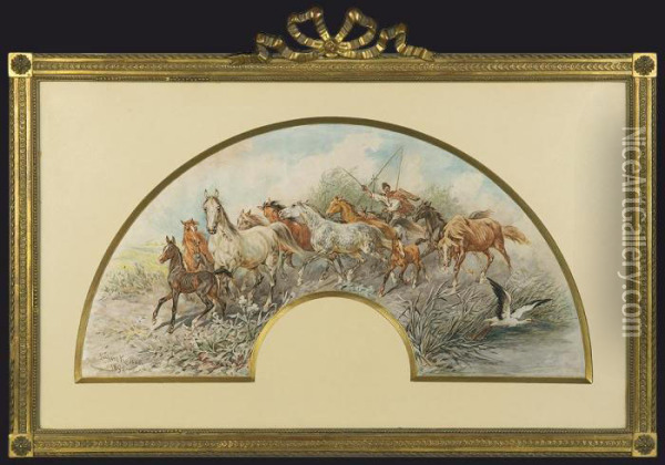 Horses Urged To Watering-place Oil Painting - Juliusz Kossak