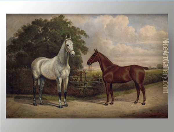Kitty Grey And Kitty. Zwei Pferde Am Paddock Oil Painting - Frederick Albert Clark