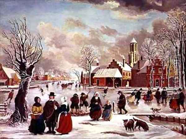 Winter in Holland Oil Painting - J. van der Bowlen