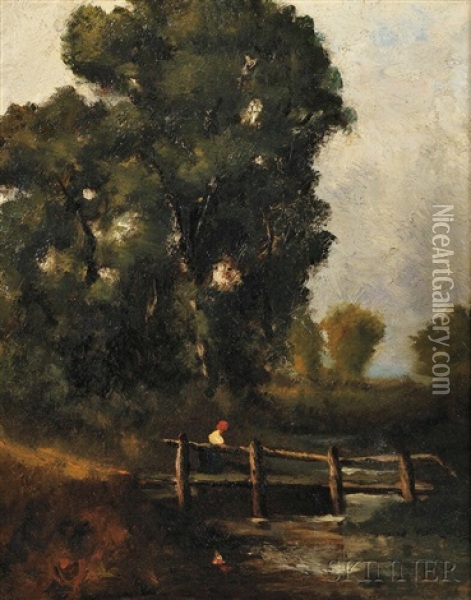 Figure Crossing A Footbridge Oil Painting - David Cox the Elder