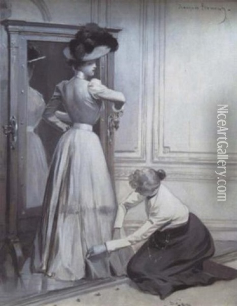At The Dressmaker Oil Painting - Francois Flameng
