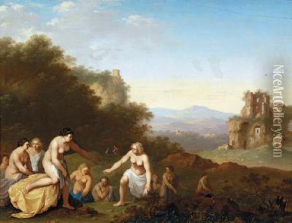 Paesaggio Con Rovine E Ninfe Al Bagno Oil Painting - Cornelis Van Poelenburch