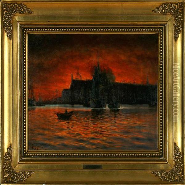 View Of The Port Of Copenhagen In A Red Sunset Oil Painting - Holger Peter Svane Lubbers
