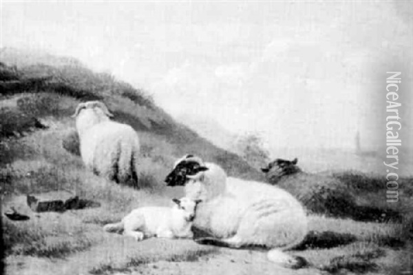 Sheep In A Coastal Landscape Oil Painting - Jacob Van Dieghem