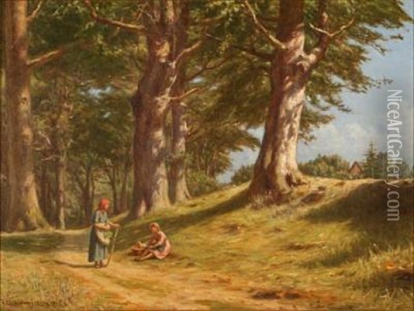 Two Women On A Forest Road Oil Painting - Niels Frederik Schiottz-Jensen