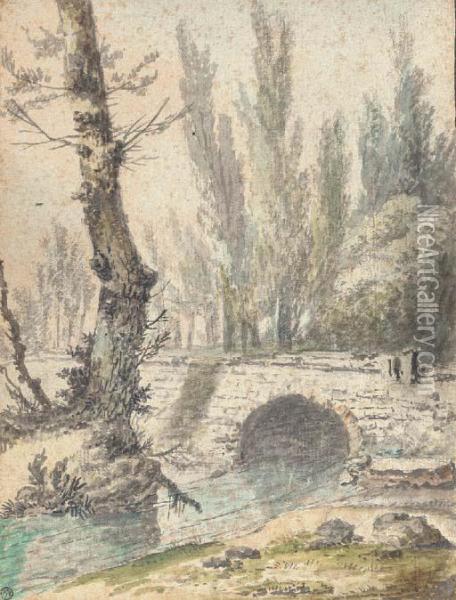 A Landscape With An Arched Bridge Spanning A Stream Oil Painting - Jean-Philippe Sarazin