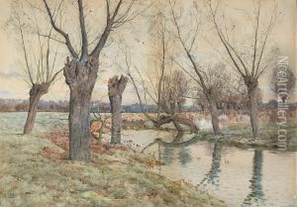 Hemingford Grey, St. Ives; 
Hemingford Island, St. Ives; The Thicket Above St. Ives, A Set Of Three Oil Painting - Arthur Anderson Fraser
