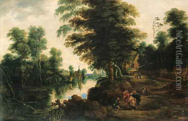A river landscape with Christ healing the Paralytic, a village beyond Oil Painting - Lucas Van Uden