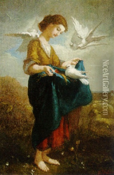 A Girl Feeding Doves Oil Painting - Edmond Eugene Valton