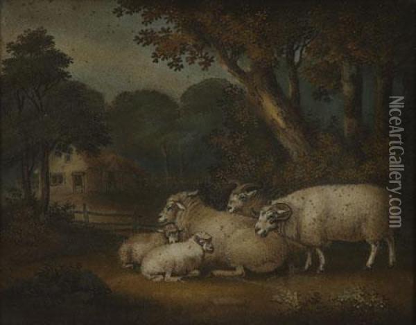 Sheep And Lambs In A Wooded Landscape, A House In The Background Oil Painting - Benjamin Zobel