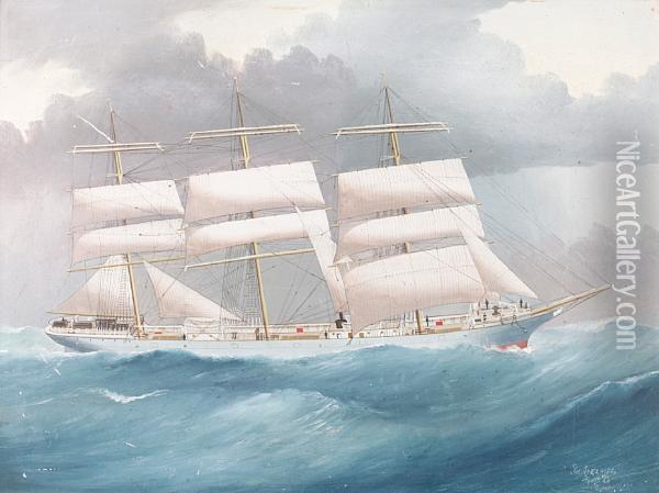 The Three Masted Ship Brynymor At Sea Oil Painting - Reginald Arthur Borstel