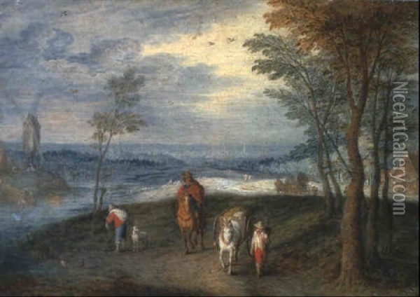 A River Landscape With Travellers On A Track Oil Painting - Jan Brueghel the Elder
