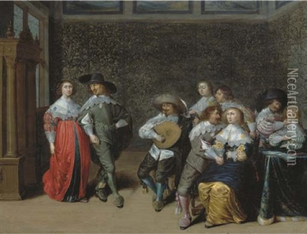 Elegant Company Making Merry And Music In An Interior Oil Painting - Laurentius de Neter