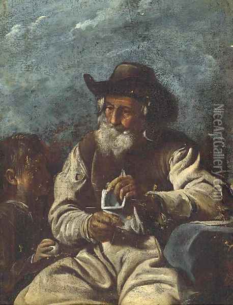An old man knitting with a young boy Oil Painting - Giacomo Francesco Cipper