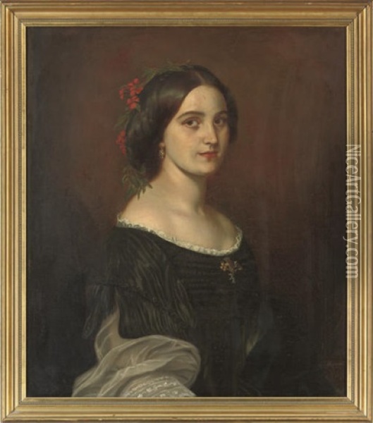 Portrait Of A Lady In A Black Dress With Lace Trim Oil Painting - Johann Baptiste Berdelle