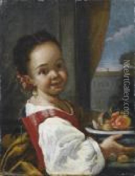 Bambina Con Piatto Di Frutta Oil Painting - Antonio Amorosi
