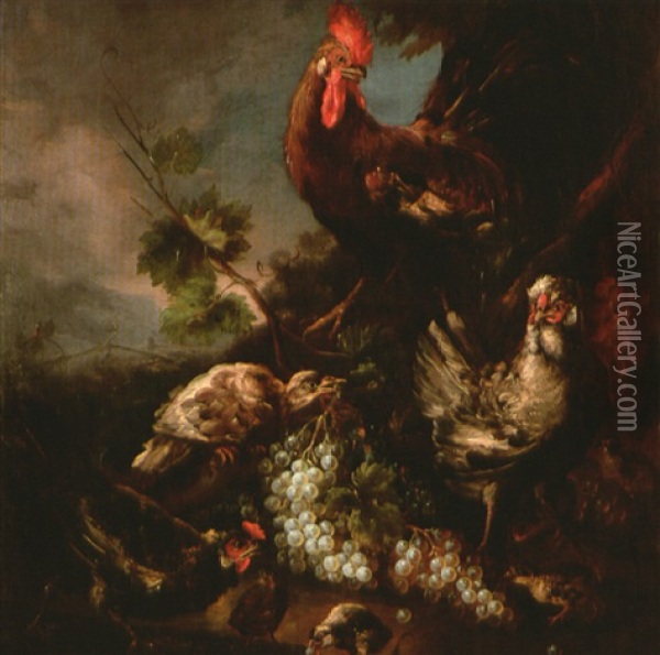 Natura Morta Con Animali Da Cortile In Un Paesaggio Oil Painting - Angelo Maria (Crivellone) Crivelli