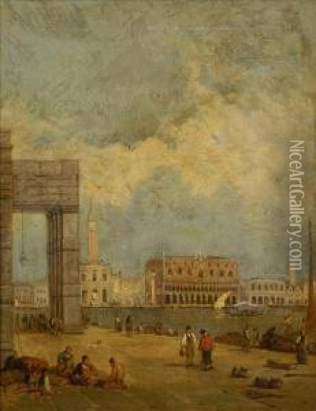 View Ofthe Customs House From The Ducal Palace, Venice, Figures In Theforeground Oil Painting - George Vivian