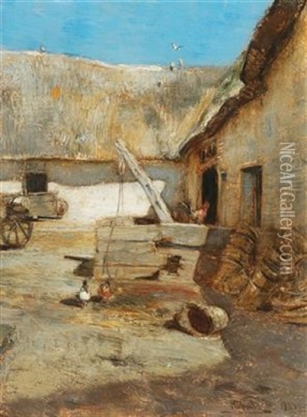 Chickens In A Farmhouse Courtyard Oil Painting - Rudolf Ribarz