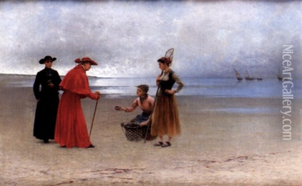 Musselplockerskor Med Kardinal Pa Strand Oil Painting - August Vilhelm Nikolaus Hagborg