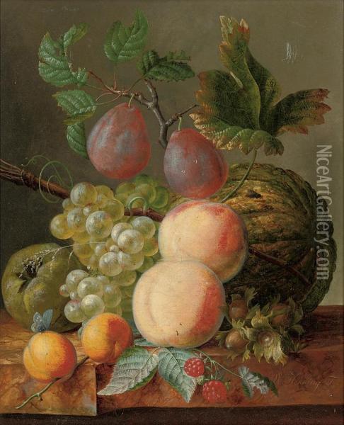 Peaches, Grapes, Plums, Raspberries And A Gourd On A Marbleledge Oil Painting - William Hekking