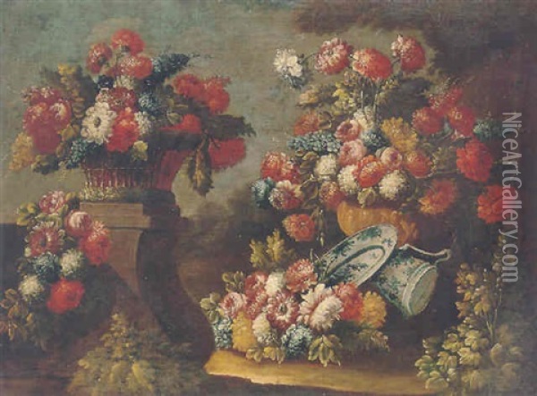 Still Life Of Various Flowers In A Basket And Vase, With A Blue And White Porcelain Dish And Ewer In An Ornamental Garden Oil Painting - Gasparo Lopez