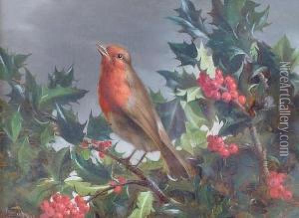 Robin 'midst Holly, 1876 Oil Painting - William Hughes