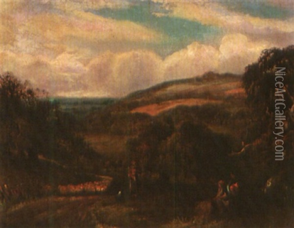 Landscape With Shepherd And Rustic Figures Oil Painting - John Linnell