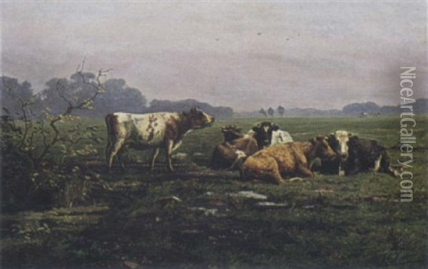 Cattle In A Landscape Oil Painting - Arie Cornelius Kooper
