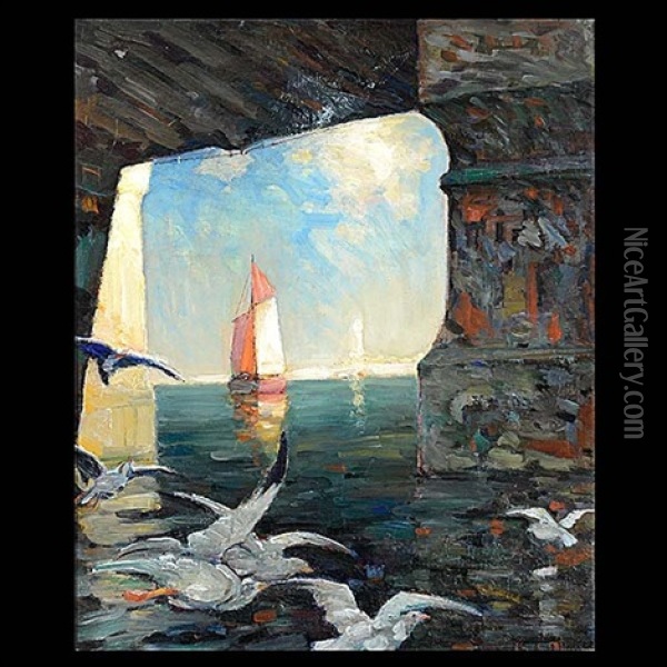 Under The Bridge Sail Boat & Seagulls Oil Painting - Frank Coburn