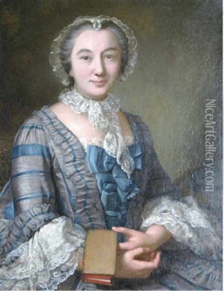 Portrait Of A Lady Seated In A Grey And Blue Dress And A Lace Bonnet, Holding A Book Oil Painting - Donat Nonotte