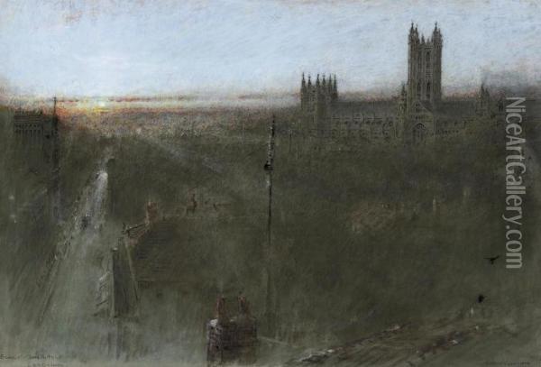 Sunset, Down The High Street, Canterbury Oil Painting - Albert Goodwin