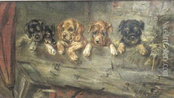 Five Puppies In A Stable Trough Oil Painting - Max Ludwig Lebling