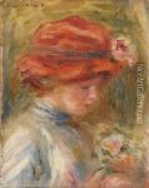 Jeune Femme Au Chapeau Rouge Oil Painting - Pierre Auguste Renoir