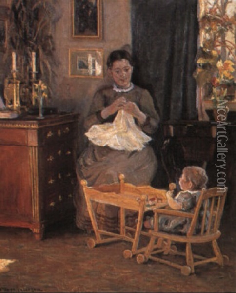 Interior Med Mor Og Barn Oil Painting - Viggo Pedersen