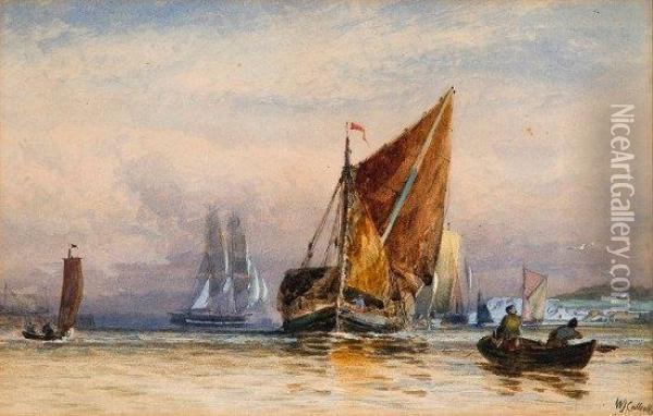 Barges And Other Vessels On Still Waters With Quayside Beyond Oil Painting - William James Callcott
