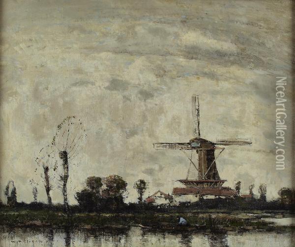 On A Dutch Canal Oil Painting - William Alfred Gibson