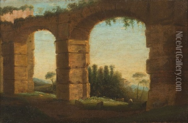 Paysage De La Campagne Romaine Avec Deux Arches Oil Painting - Claude Lorrain
