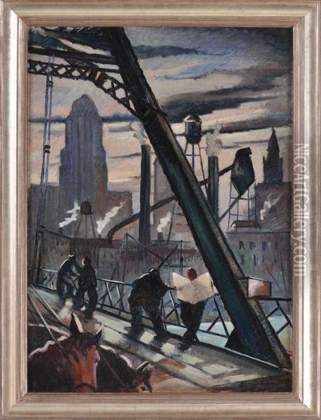 59th Street Bridge, Queens To Manhattan Oil Painting - George Luks