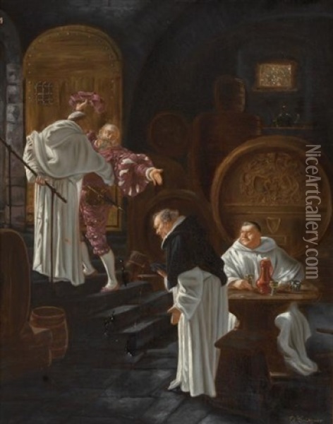 Four Figures In A Wine Cellar Oil Painting - Eduard von Gruetzner