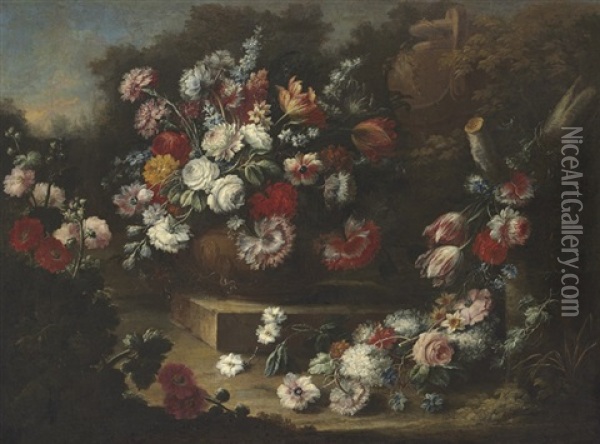 Roses, Tulips, Carnations And Other Flowers In An Urn, With Other Flowers Beside, In A Landscape Oil Painting - Gasparo Lopez